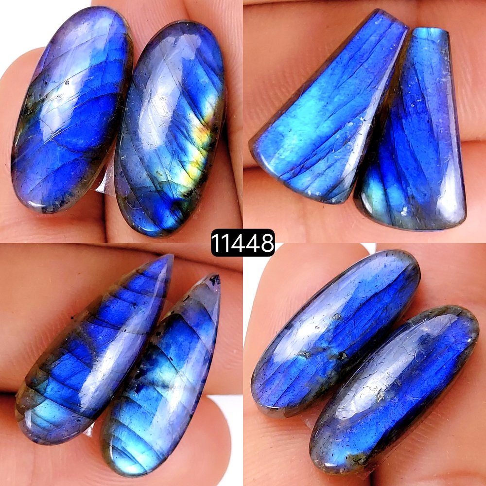 4 Pairs 114Cts Natural Labradorite Loose Cabochon Flat Back Gemstone Pair Lot Earrings Crystal Lot for Jewelry Making Gift For Her 30x12-20x11mm #11448