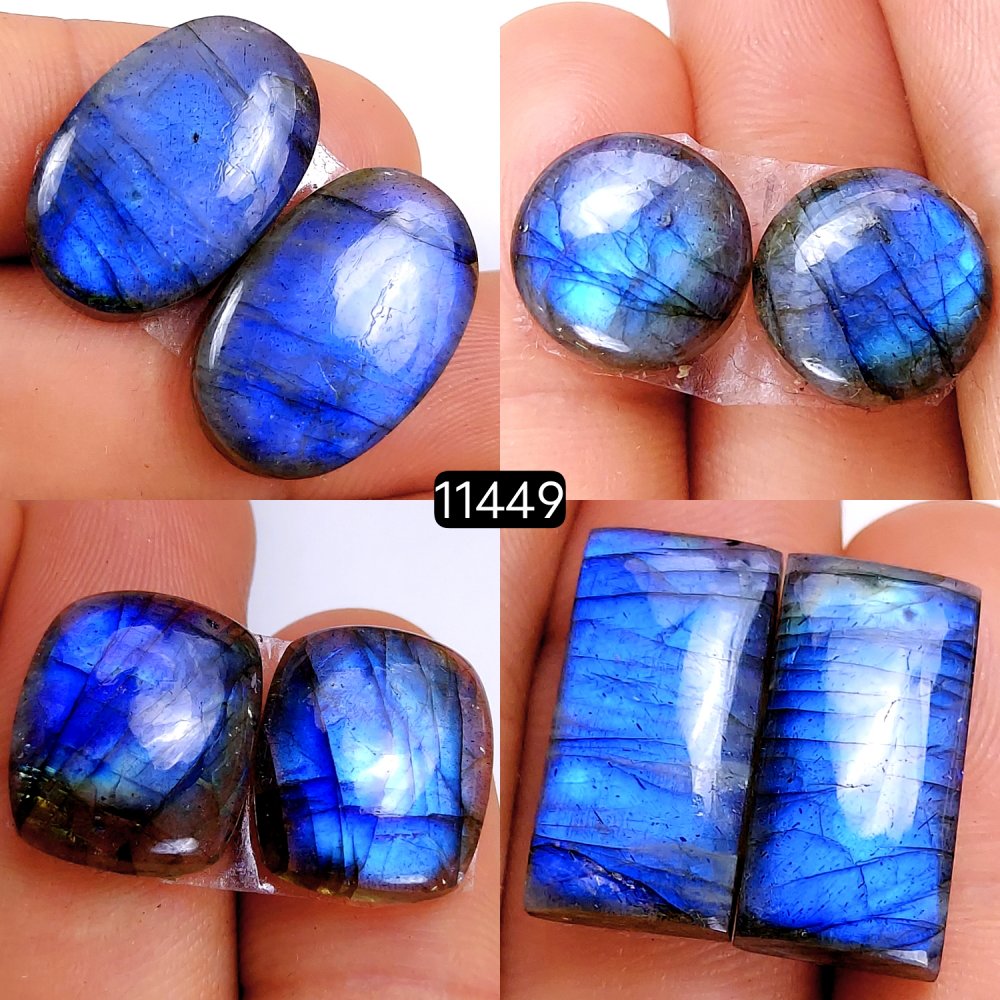 4 Pairs 95Cts Natural Labradorite Loose Cabochon Flat Back Gemstone Pair Lot Earrings Crystal Lot for Jewelry Making Gift For Her 20x10-14x14mm #11449
