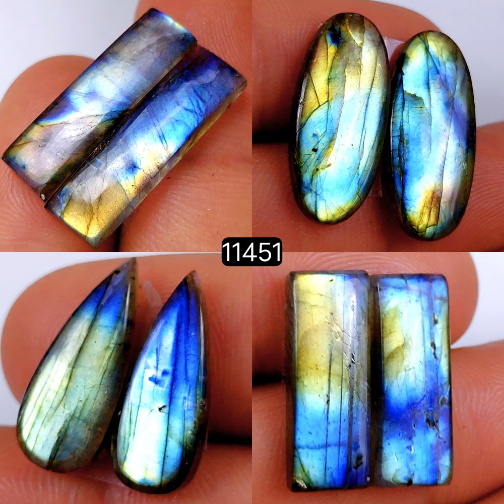 4 Pairs 61Cts Natural Labradorite Loose Cabochon Flat Back Gemstone Pair Lot Earrings Crystal Lot for Jewelry Making Gift For Her 24x6-20x7mm #11451