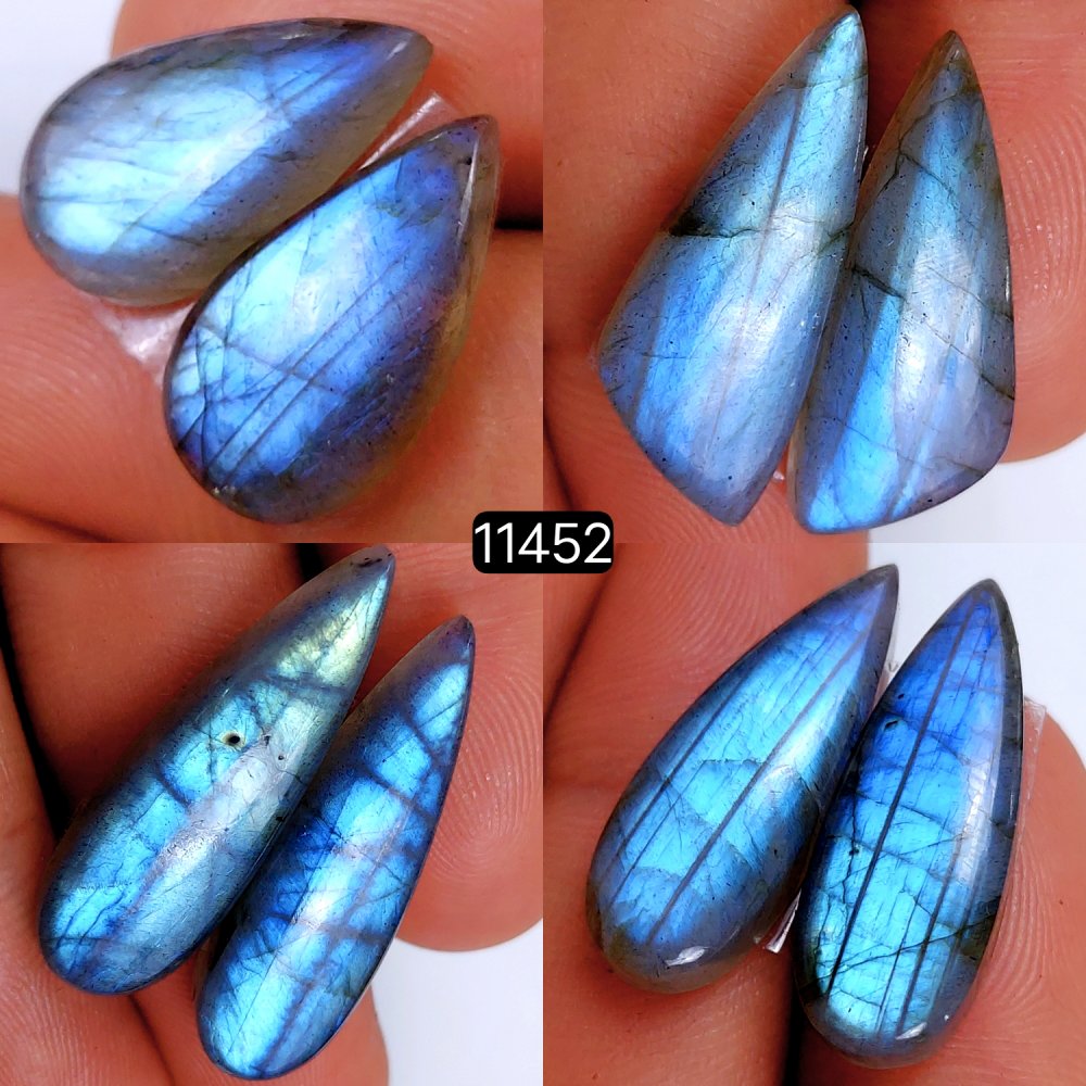 4 Pairs 91Cts Natural Labradorite Loose Cabochon Flat Back Gemstone Pair Lot Earrings Crystal Lot for Jewelry Making Gift For Her 30x10-20x10mm #11452