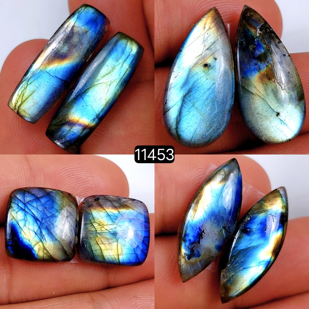 4 Pairs 87Cts Natural Labradorite Loose Cabochon Flat Back Gemstone Pair Lot Earrings Crystal Lot for Jewelry Making Gift For Her 25x8-15x15mm #11453