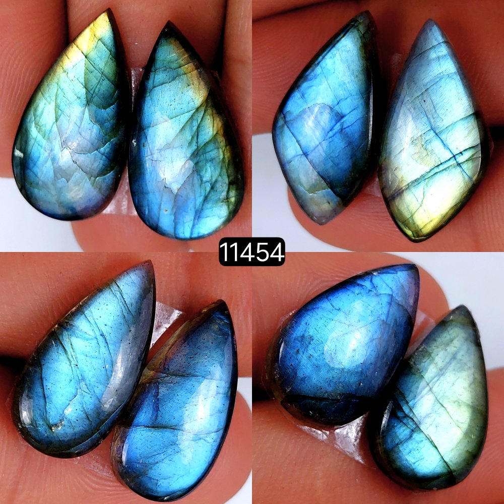 4 Pairs 87Cts Natural Labradorite Loose Cabochon Flat Back Gemstone Pair Lot Earrings Crystal Lot for Jewelry Making Gift For Her 26x13-20x12mm #11454