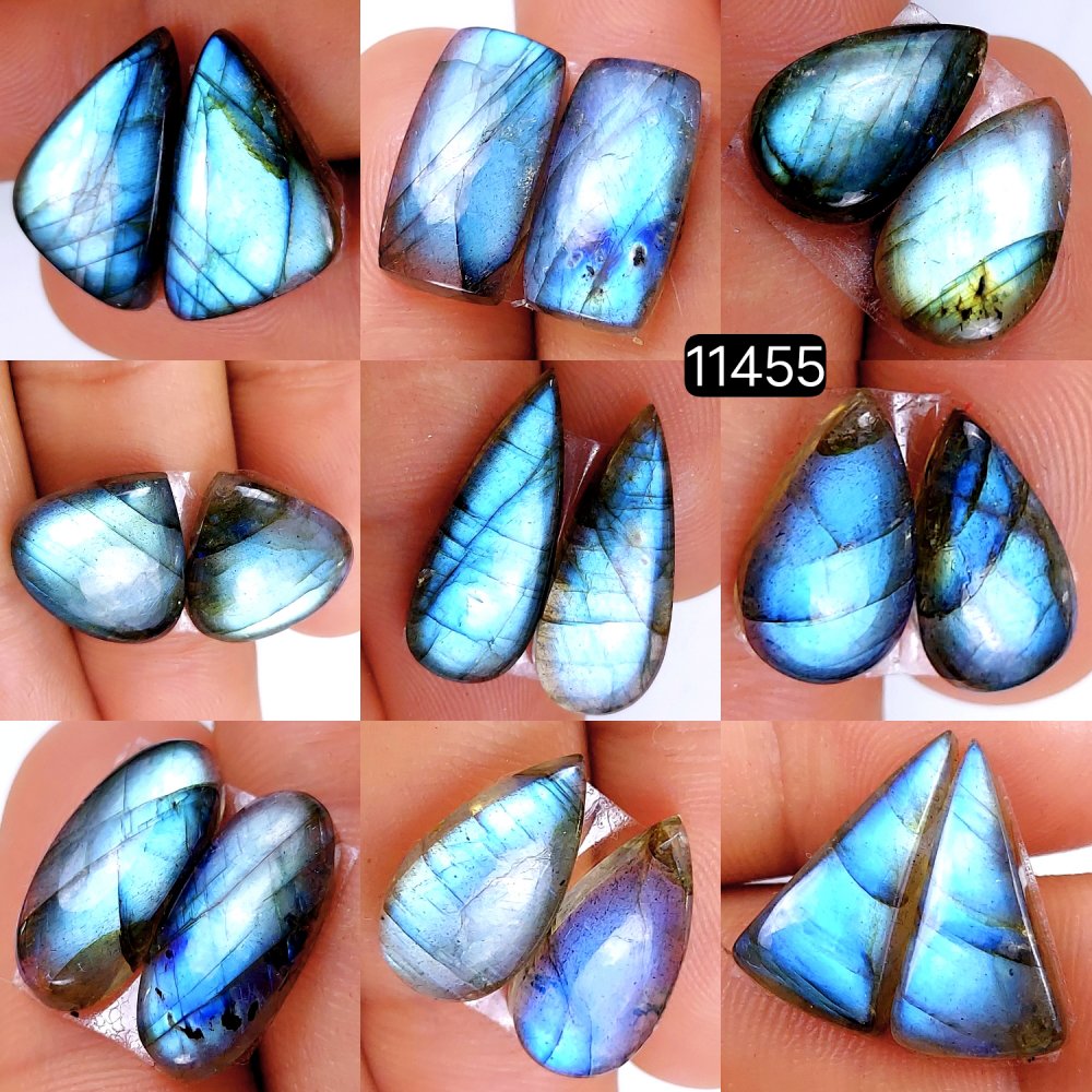 9 Pairs 126Cts Natural Labradorite Loose Cabochon Flat Back Gemstone Pair Lot Earrings Crystal Lot for Jewelry Making Gift For Her 22x9-15x11mm #11455
