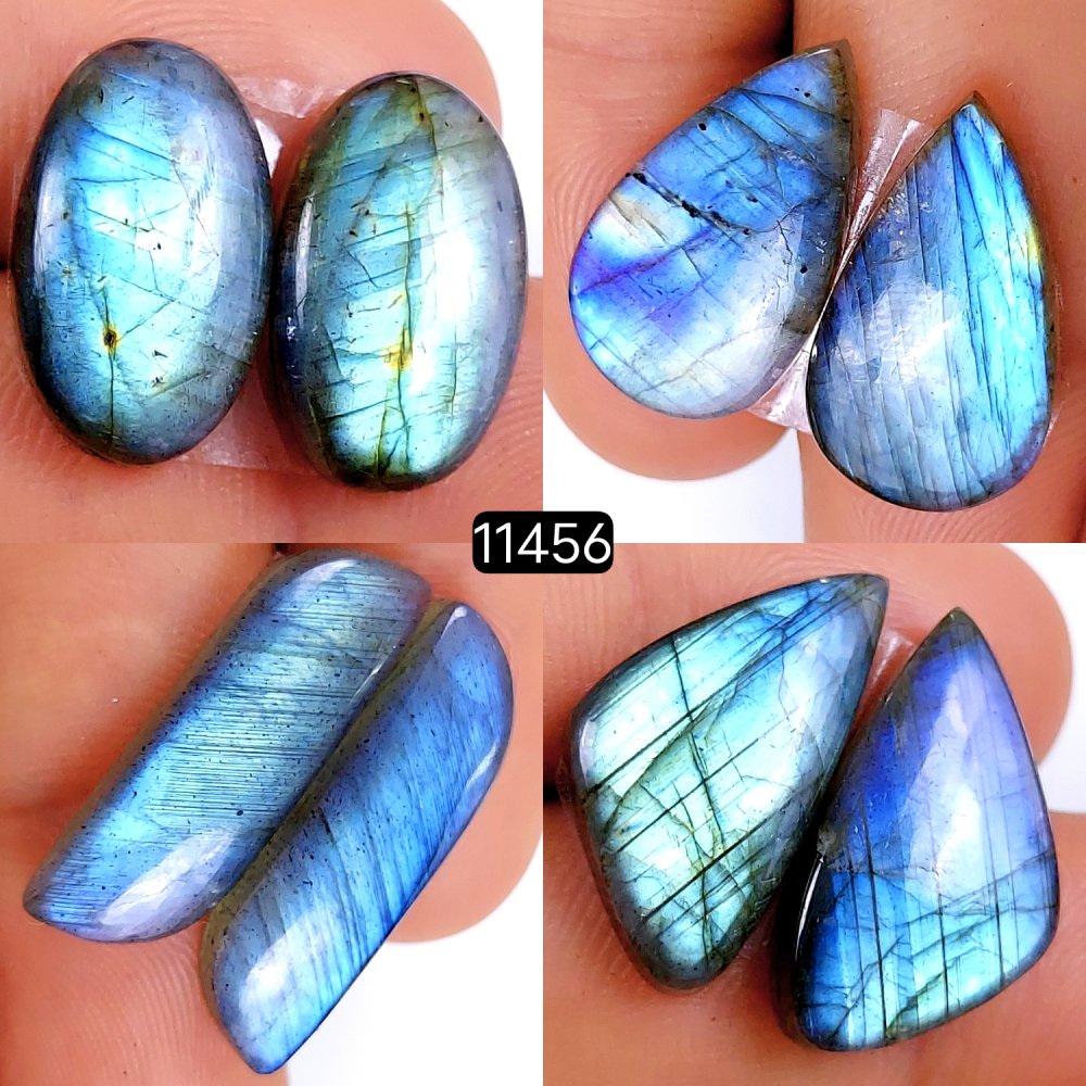 4 Pairs 82Cts Natural Labradorite Loose Cabochon Flat Back Gemstone Pair Lot Earrings Crystal Lot for Jewelry Making Gift For Her 27x9-20x10mm #11456