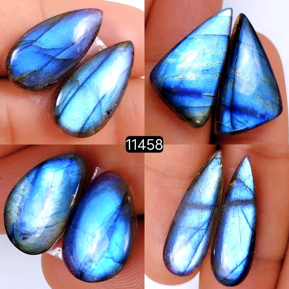 4 Pairs 95Cts Natural Labradorite Loose Cabochon Flat Back Gemstone Pair Lot Earrings Crystal Lot for Jewelry Making Gift For Her 26x14-20x12mm #11458
