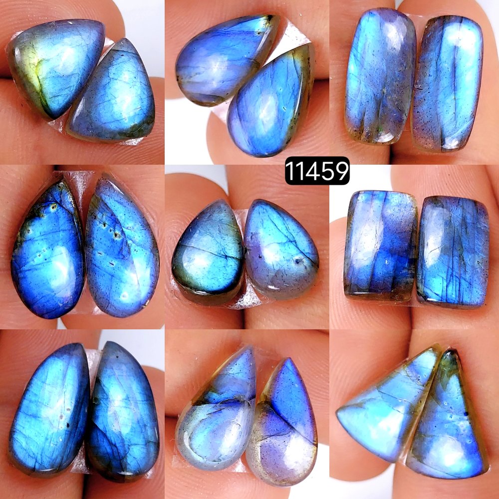 9 Pairs 116Cts Natural Labradorite Loose Cabochon Flat Back Gemstone Pair Lot Earrings Crystal Lot for Jewelry Making Gift For Her 20x10-12x8mm #11459