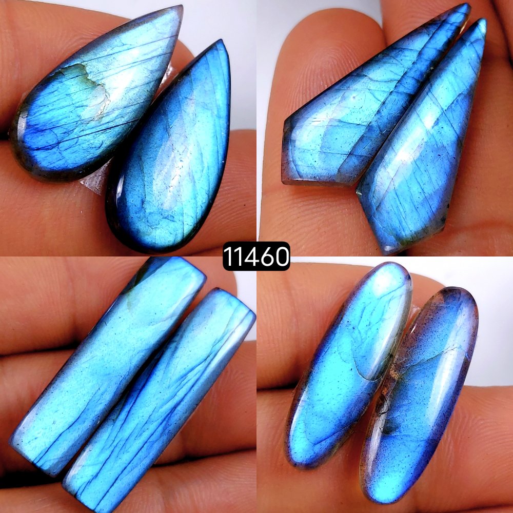 4 Pairs 118Cts Natural Labradorite Loose Cabochon Flat Back Gemstone Pair Lot Earrings Crystal Lot for Jewelry Making Gift For Her 35x9-27x12mm #11460