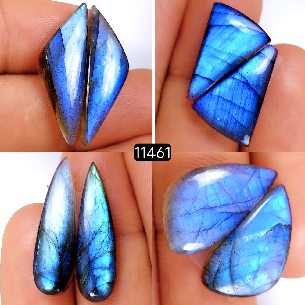 4 Pairs 79Cts Natural Labradorite Loose Cabochon Flat Back Gemstone Pair Lot Earrings Crystal Lot for Jewelry Making Gift For Her 30x8-20x13mm #11461