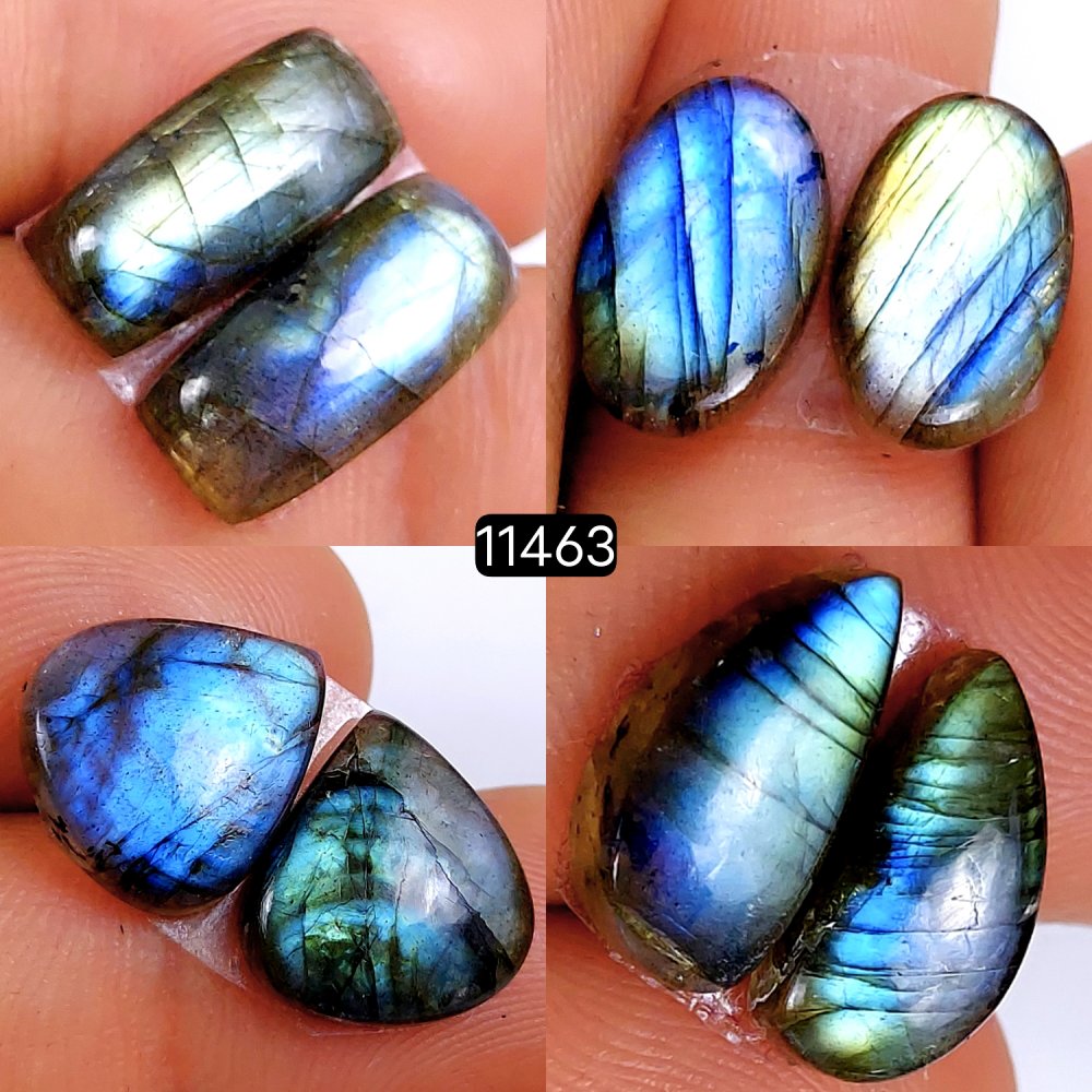 4 Pairs 43Cts Natural Labradorite Loose Cabochon Flat Back Gemstone Pair Lot Earrings Crystal Lot for Jewelry Making Gift For Her 16x7-14x12mm #11463