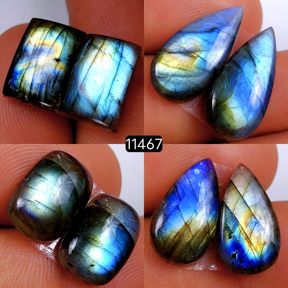 4 Pairs 54Cts Natural Labradorite Loose Cabochon Flat Back Gemstone Pair Lot Earrings Crystal Lot for Jewelry Making Gift For Her 22x10-12x9mm #11467