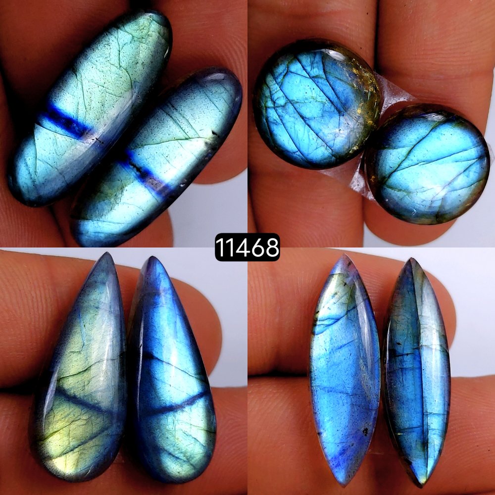 4 Pairs 104Cts Natural Labradorite Loose Cabochon Flat Back Gemstone Pair Lot Earrings Crystal Lot for Jewelry Making Gift For Her 30x9-17x17mm #11468