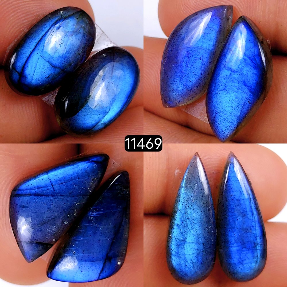 4 Pairs 72Cts Natural Labradorite Loose Cabochon Flat Back Gemstone Pair Lot Earrings Crystal Lot for Jewelry Making Gift For Her 24x10-20x10mm #11469