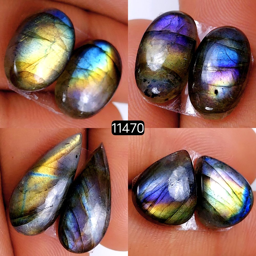 4 Pairs 53Cts Natural Labradorite Loose Cabochon Flat Back Gemstone Pair Lot Earrings Crystal Lot for Jewelry Making Gift For Her 22x10-14x12mm #11470