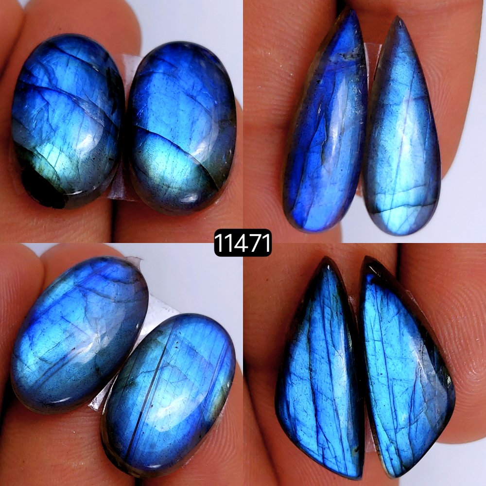 4 Pairs 92Cts Natural Labradorite Loose Cabochon Flat Back Gemstone Pair Lot Earrings Crystal Lot for Jewelry Making Gift For Her 27x9-20x11mm #11471