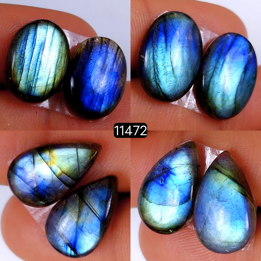 4 Pairs 64Cts Natural Labradorite Loose Cabochon Flat Back Gemstone Pair Lot Earrings Crystal Lot for Jewelry Making Gift For Her 20x14-18x10mm #11472