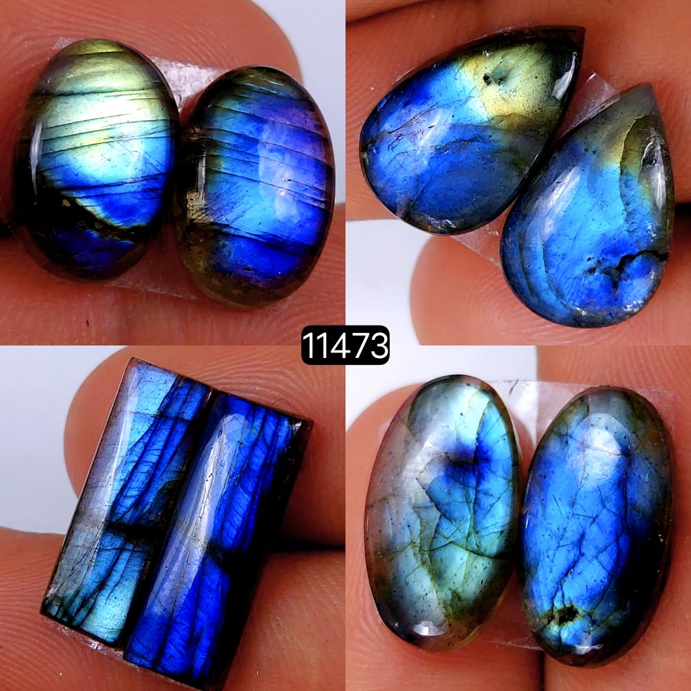 4 Pairs 55Cts Natural Labradorite Loose Cabochon Flat Back Gemstone Pair Lot Earrings Crystal Lot for Jewelry Making Gift For Her 20x10-14x10mm #11473