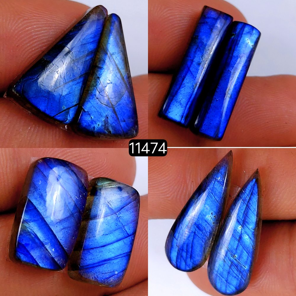 4 Pairs 72Cts Natural Labradorite Loose Cabochon Flat Back Gemstone Pair Lot Earrings Crystal Lot for Jewelry Making Gift For Her 22x6-17x10mm #11474