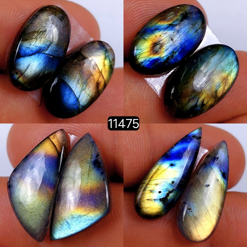 4 Pairs 68Cts Natural Labradorite Loose Cabochon Flat Back Gemstone Pair Lot Earrings Crystal Lot for Jewelry Making Gift For Her 24x9-20x10mm #11475