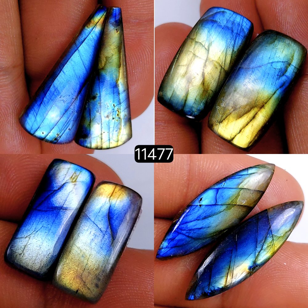 4 Pairs 98Cts Natural Labradorite Loose Cabochon Flat Back Gemstone Pair Lot Earrings Crystal Lot for Jewelry Making Gift For Her 32x14-20x9mm #11477