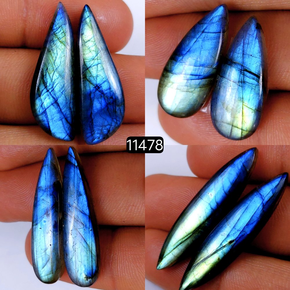4 Pairs 106Cts Natural Labradorite Loose Cabochon Flat Back Gemstone Pair Lot Earrings Crystal Lot for Jewelry Making Gift For Her 38x9-27x12mm #11478