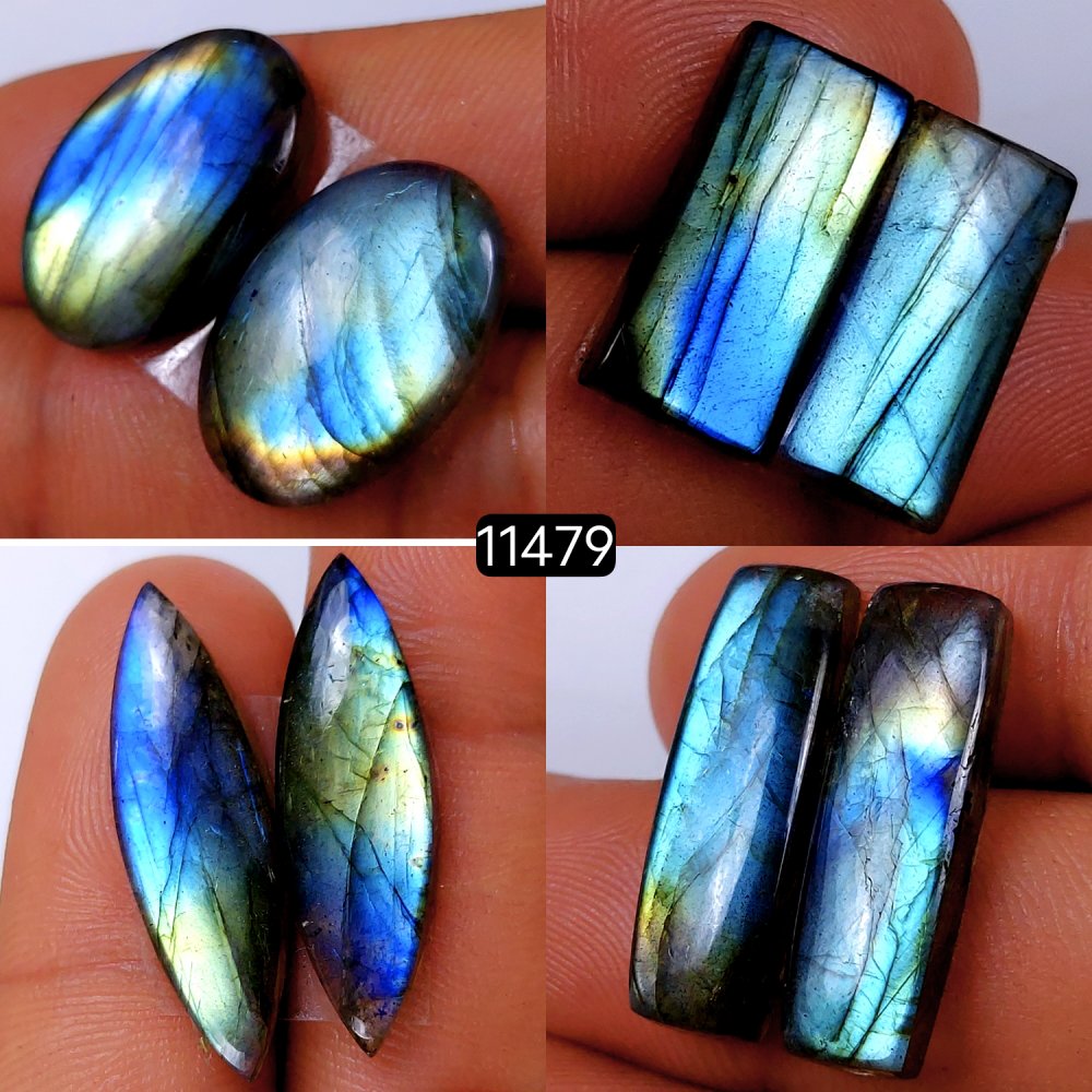 4 Pairs 81Cts Natural Labradorite Loose Cabochon Flat Back Gemstone Pair Lot Earrings Crystal Lot for Jewelry Making Gift For Her 28x7-18x9mm #11479