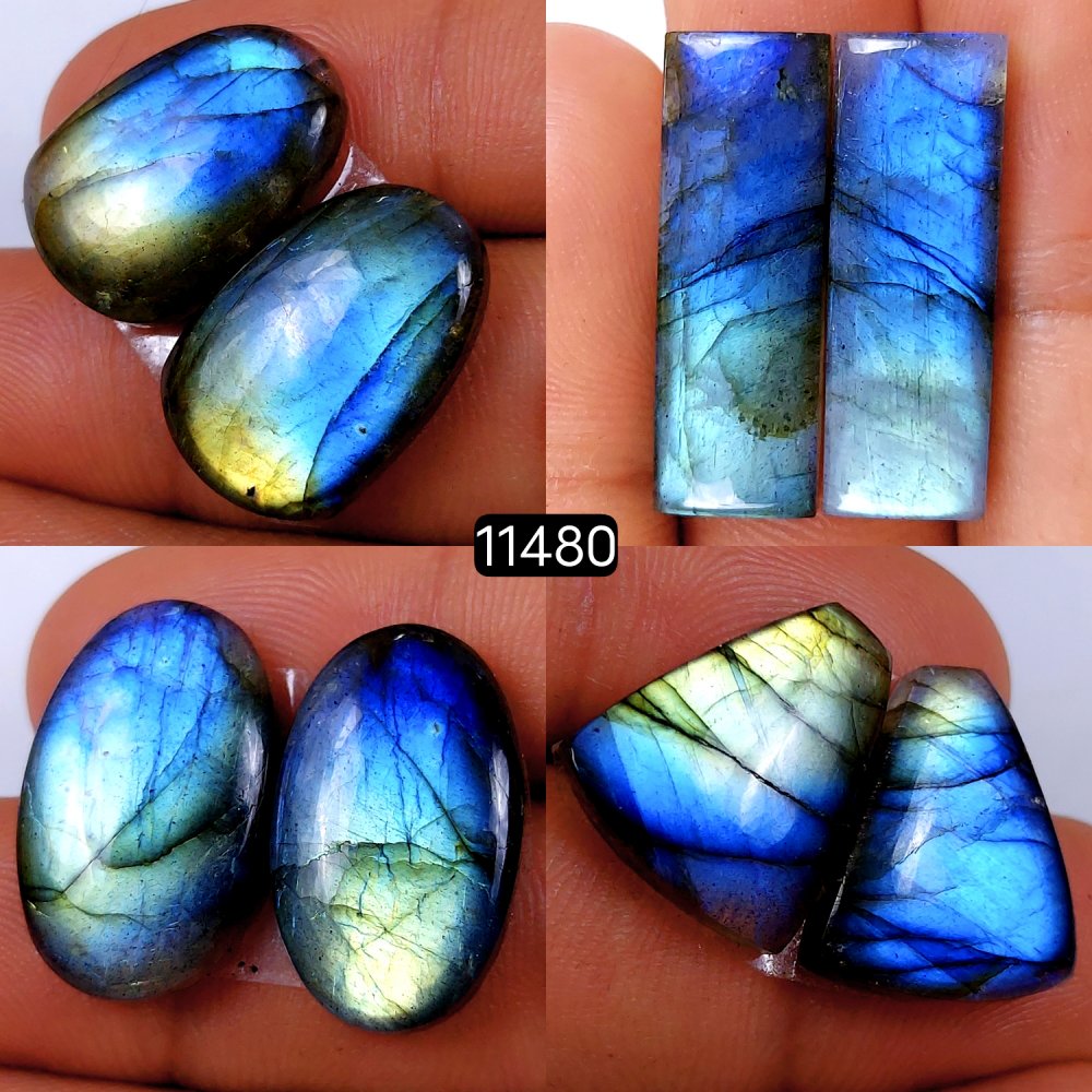 4 Pairs 95Cts Natural Labradorite Loose Cabochon Flat Back Gemstone Pair Lot Earrings Crystal Lot for Jewelry Making Gift For Her 27x9-17x15mm #11480