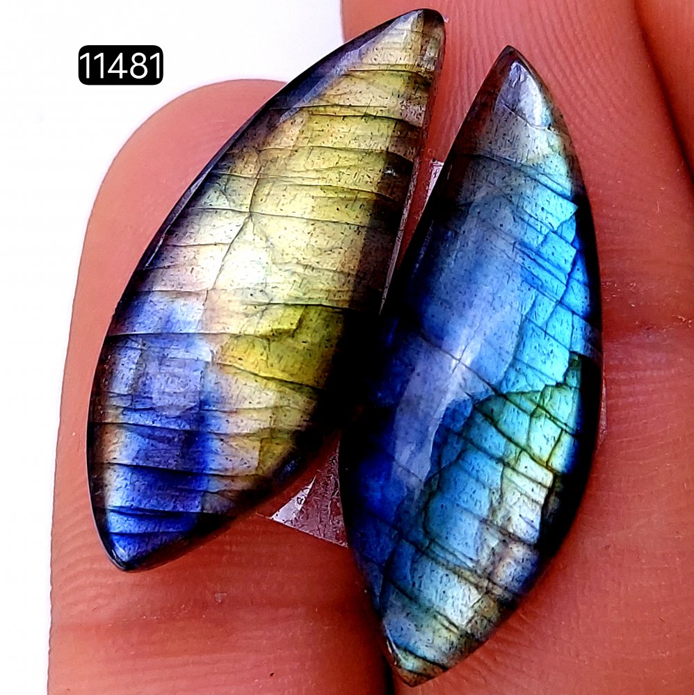 1 Pairs 24Cts Natural Labradorite Loose Cabochon Flat Back Gemstone Pair Lot Earrings Crystal Lot for Jewelry Making Gift For Her 30x10mm #11481