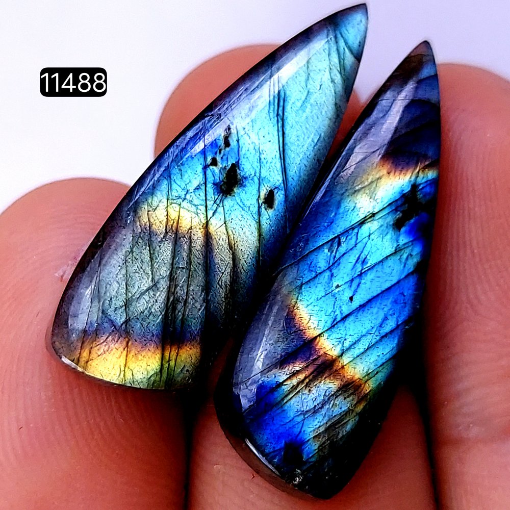 1 Pairs 32Cts Natural Labradorite Loose Cabochon Flat Back Gemstone Pair Lot Earrings Crystal Lot for Jewelry Making Gift For Her 32x10mm #11488