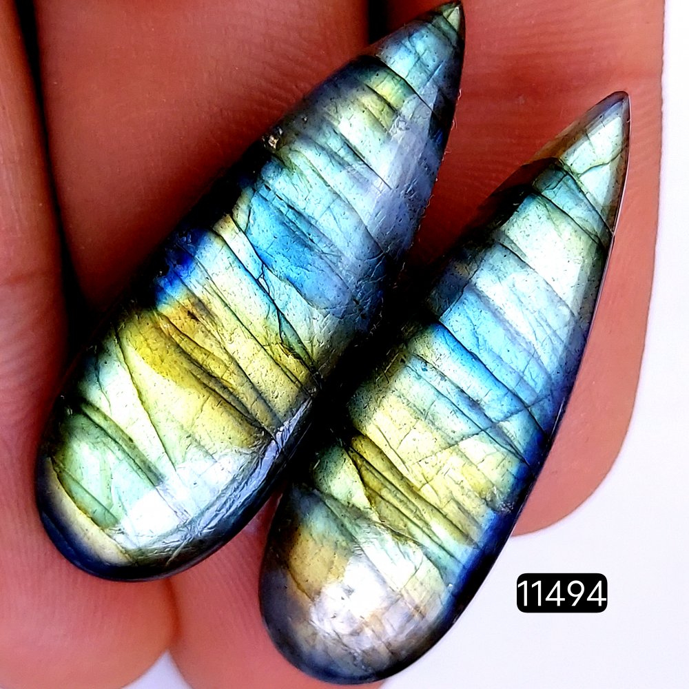 1 Pairs 49Cts Natural Labradorite Loose Cabochon Flat Back Gemstone Pair Lot Earrings Crystal Lot for Jewelry Making Gift For Her 37x13mm #11494