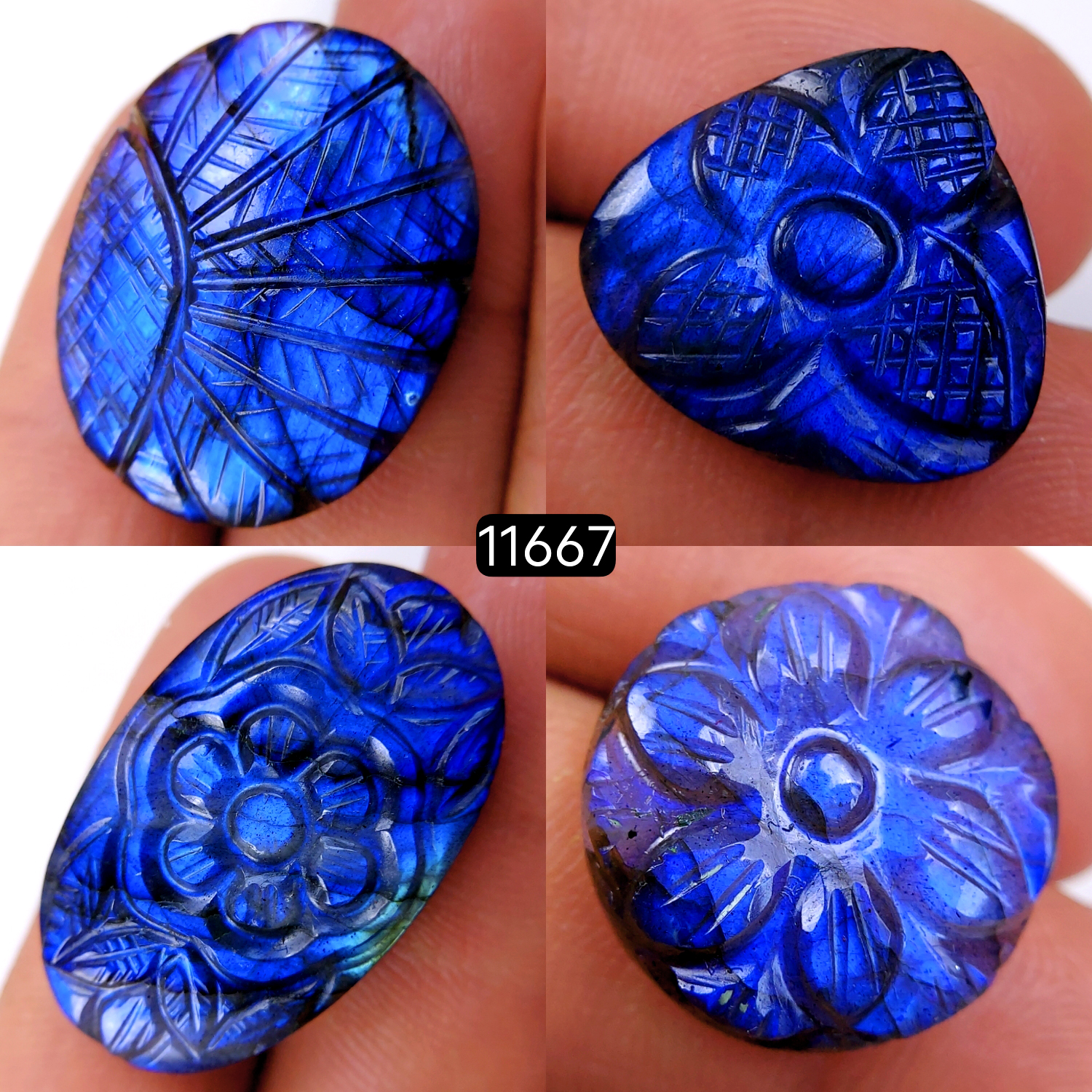 4Pcs 111Cts Natural Labradorite Mughal Carved Cabochon Blue Flashy Labradorite Carving Gemstone Mix Shape Loose Gemstone Flat Back Labradorite  30x20-20x18mm 11667
