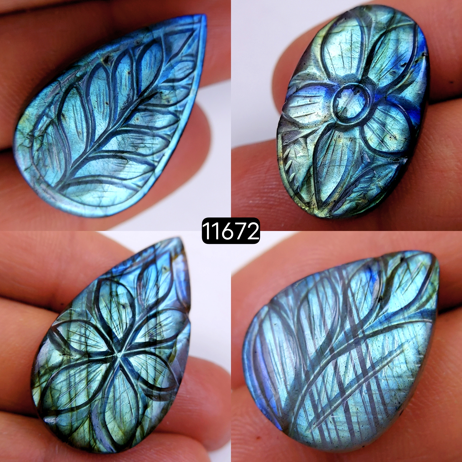 4Pcs 114Cts Natural Labradorite Mughal Carved Cabochon Blue Flashy Labradorite Carving Gemstone Mix Shape Loose Gemstone Flat Back Labradorite  38x22-25x19mm 11672