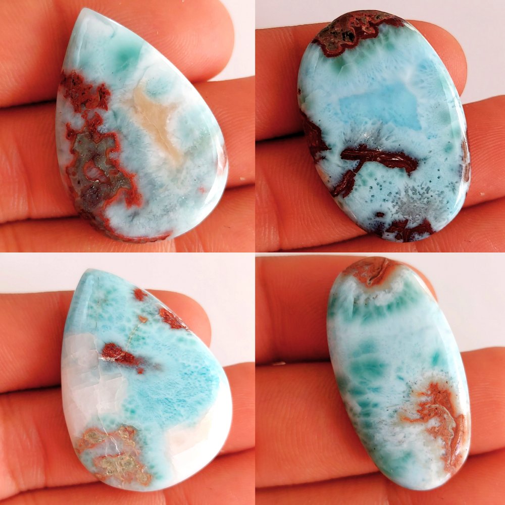 4 Pcs 184Cts Natural Blue Larimar Cabochon Lot Loose Gemstone 37x27-32x22mm.  #1186