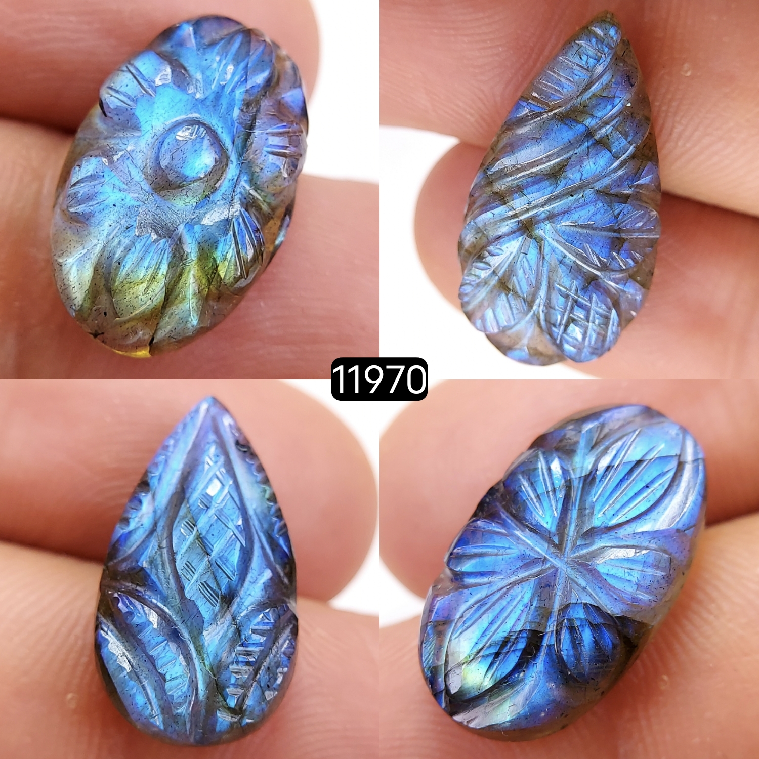 4Pcs 43Cts  Natural Labradorite Mughal Carved Cabochon Blue Flashy Labradorite Carving Gemstone Mix Shape Loose Gemstone Flat Back Labradorite  24x12-18x11mm 11970