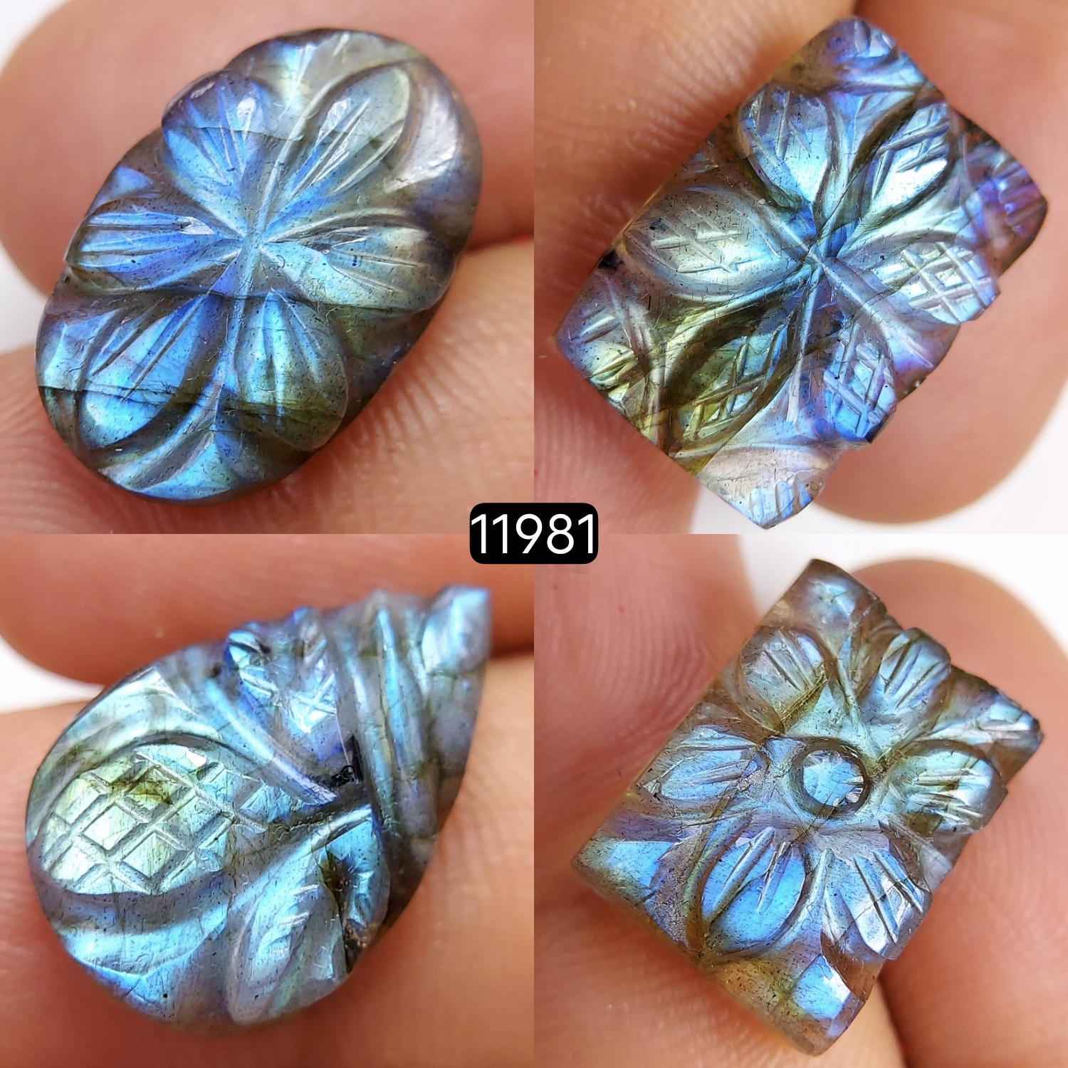 4Pcs 47Cts  Natural Labradorite Mughal Carved Cabochon Blue Flashy Labradorite Carving Gemstone Mix Shape Loose Gemstone Flat Back Labradorite  20x12-18x12mm R-11981