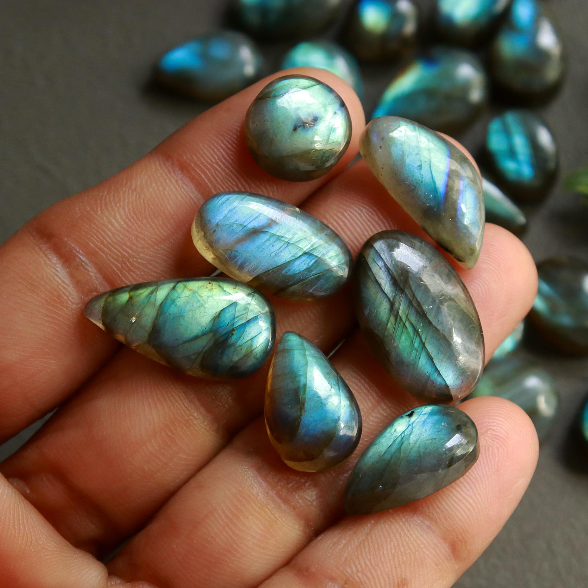 26 Pcs 153 Cts  Natural Labradorite Cabochon Loose Gemstone Jewelry Wire Wrapped Pendant Semi-Precious Healing Crystal Lots   20x7-10x10mm R-12169