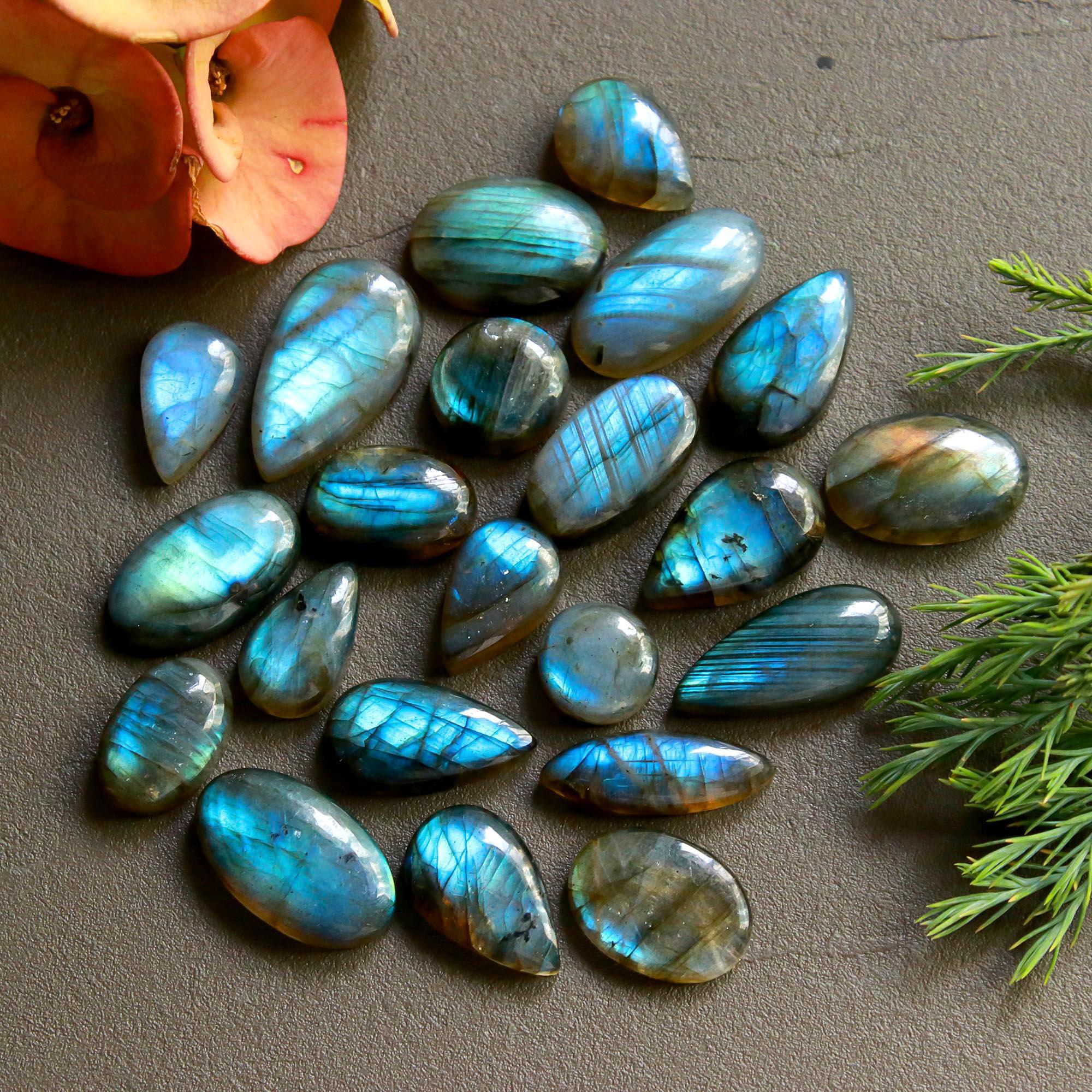 22 Pcs 220 Cts  Natural Labradorite Cabochon Loose Gemstone Jewelry Wire Wrapped Pendant Semi-Precious Healing Crystal Lots   24x12-10x10mm 12173