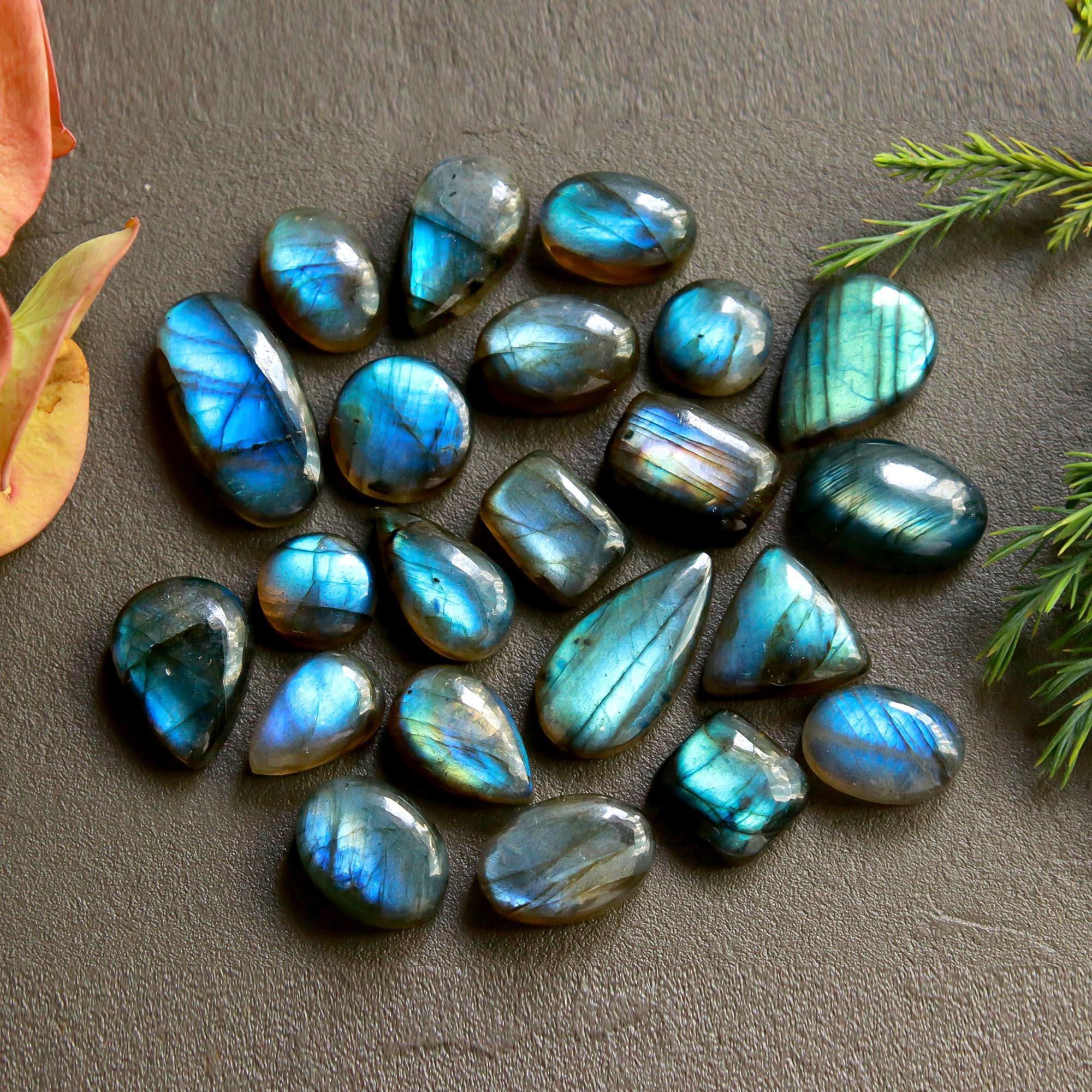 22 Pcs 177 Cts  Natural Labradorite Cabochon Loose Gemstone Jewelry Wire Wrapped Pendant Semi-Precious Healing Crystal Lots   22x11-10x10mm R-12174
