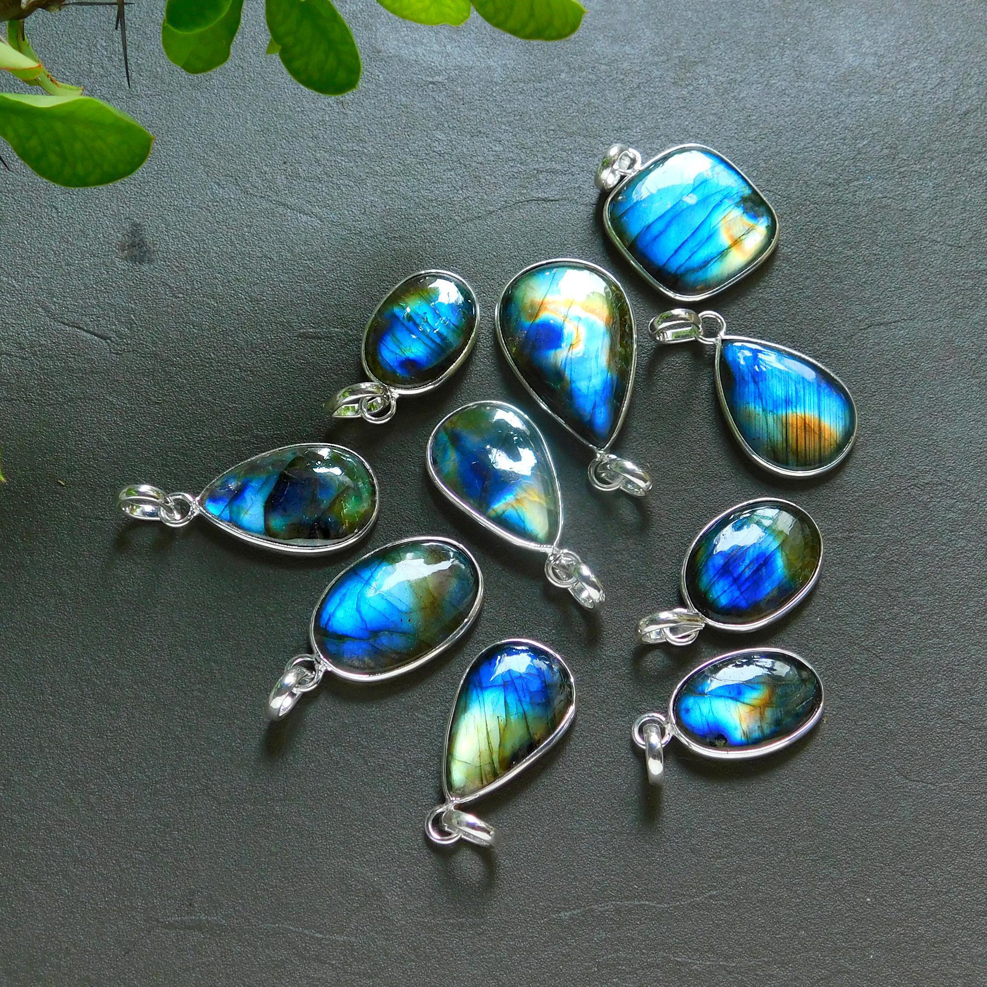 10 Pcs 151 Cts Natural Labradorite Silver Plated Pendant Semi-Precious Healing Crystal Jewelry Lots 13x33-14x23mm 12433