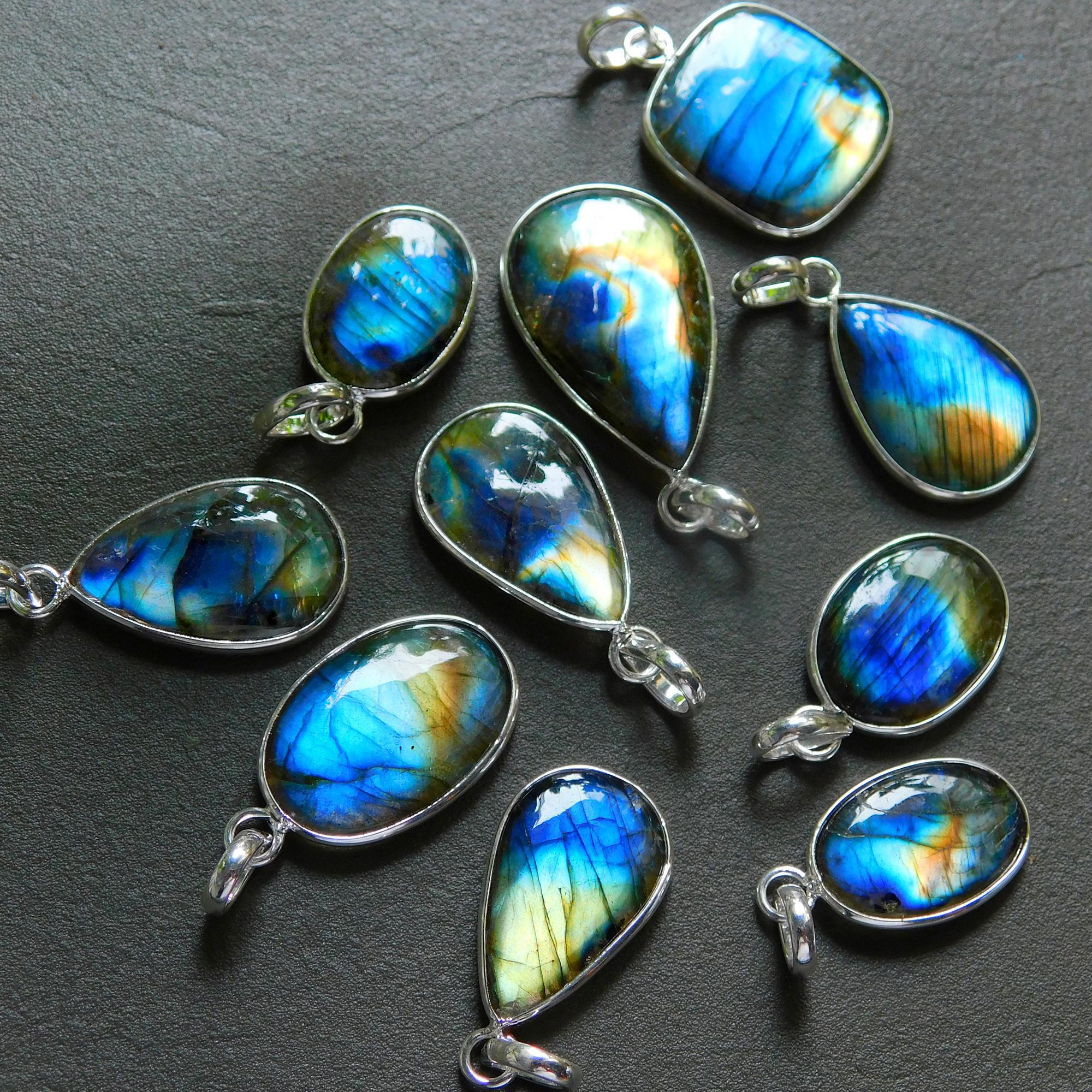 10 Pcs 151 Cts Natural Labradorite Silver Plated Pendant Semi-Precious Healing Crystal Jewelry Lots 13x33-14x23mm 12433