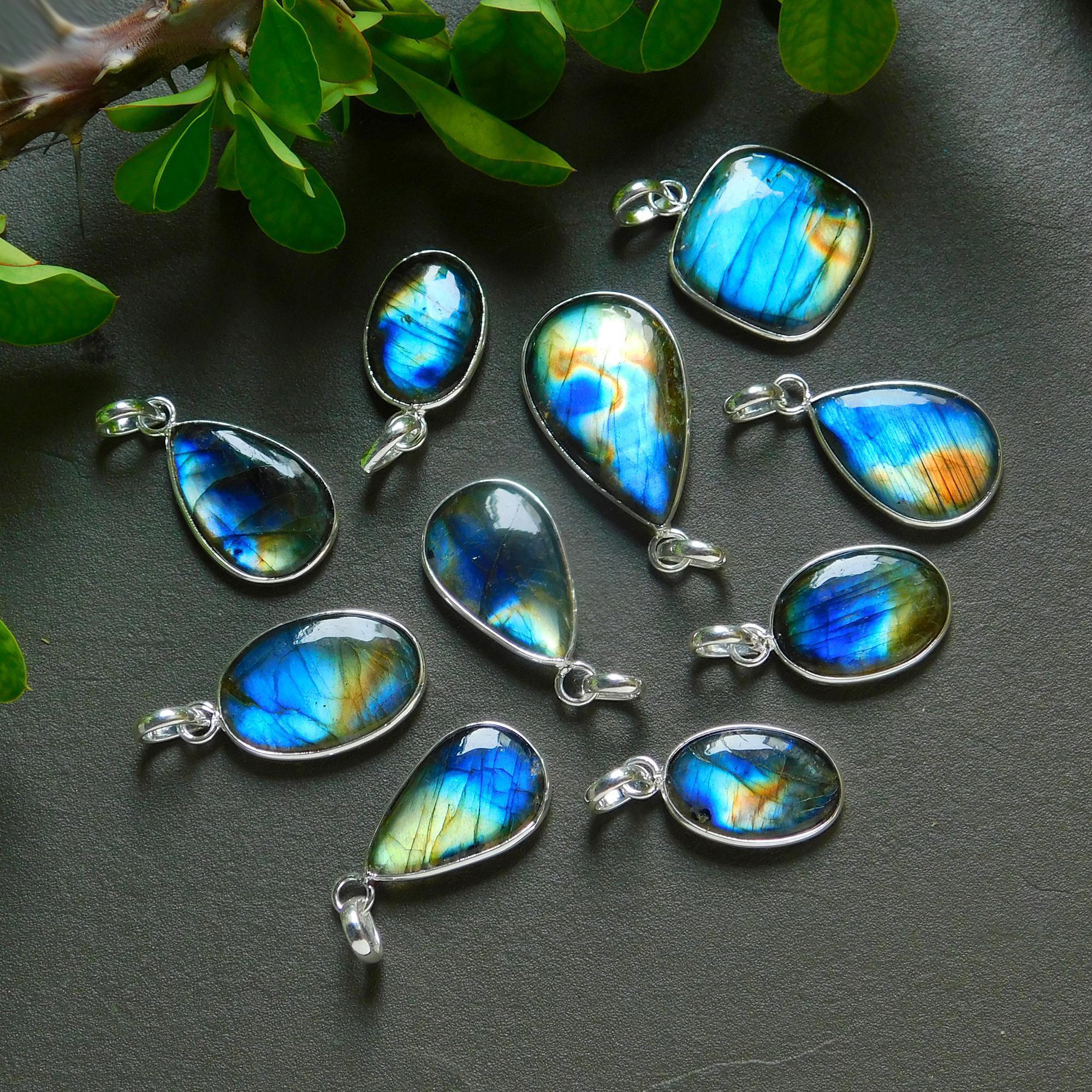 10 Pcs 151 Cts Natural Labradorite Silver Plated Pendant Semi-Precious Healing Crystal Jewelry Lots 13x33-14x23mm 12433