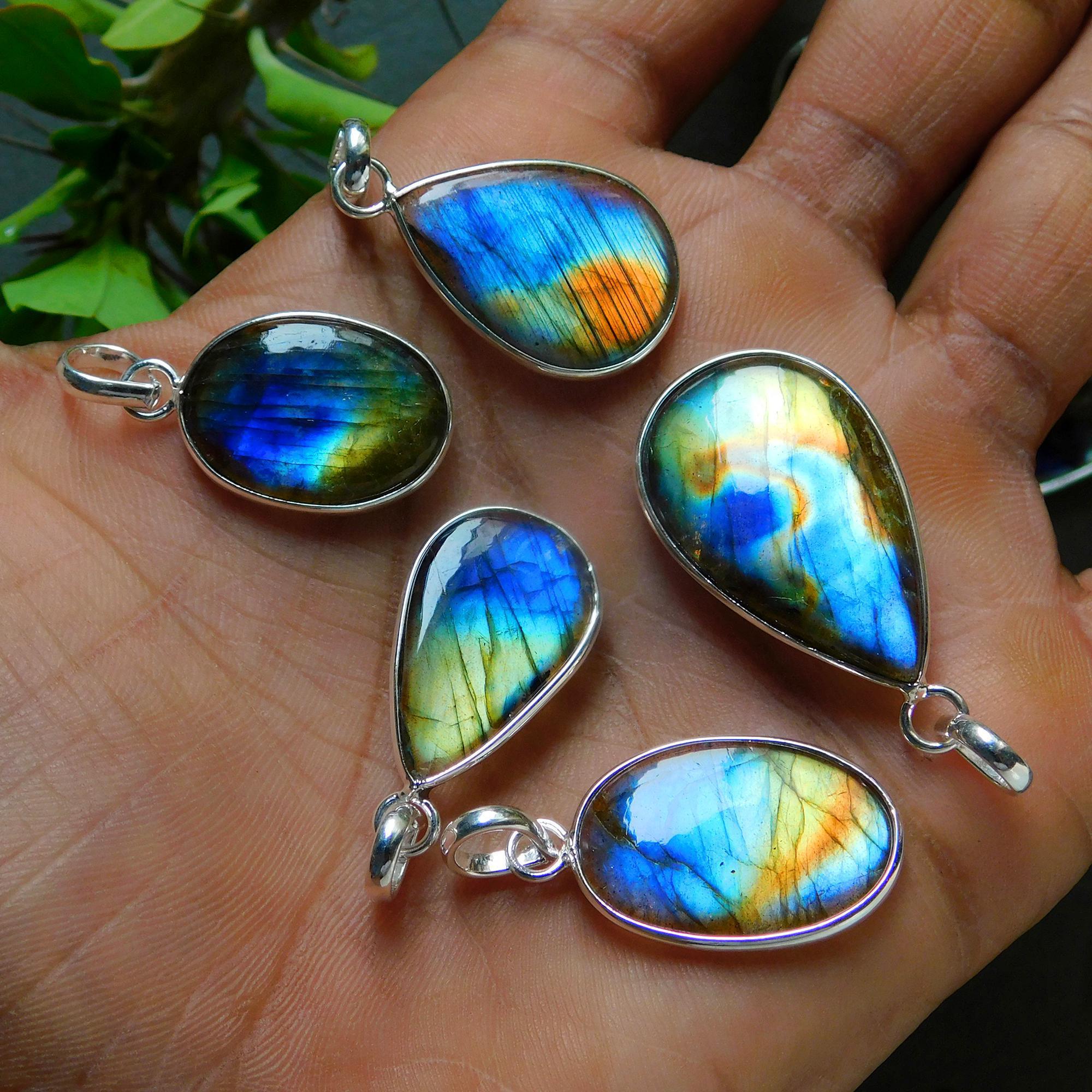 10 Pcs 151 Cts Natural Labradorite Silver Plated Pendant Semi-Precious Healing Crystal Jewelry Lots 13x33-14x23mm 12433