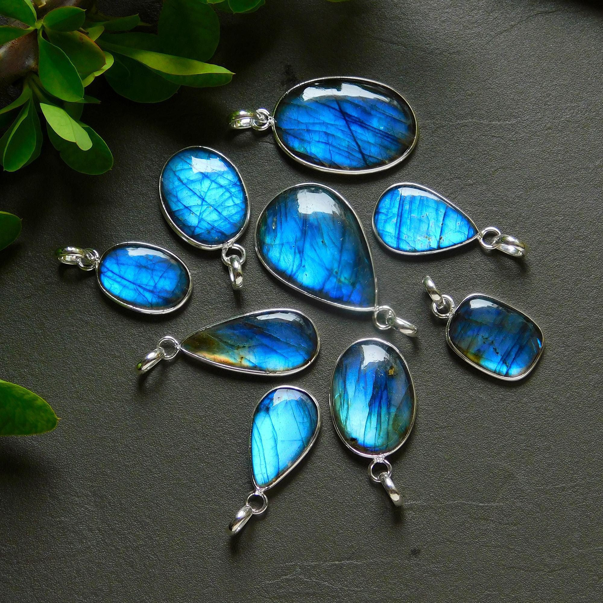 9 Pcs 140 Cts Natural Labradorite Silver Plated Pendant Semi-Precious Healing Crystal Jewelry Lots 21x36-13x26mm 12435