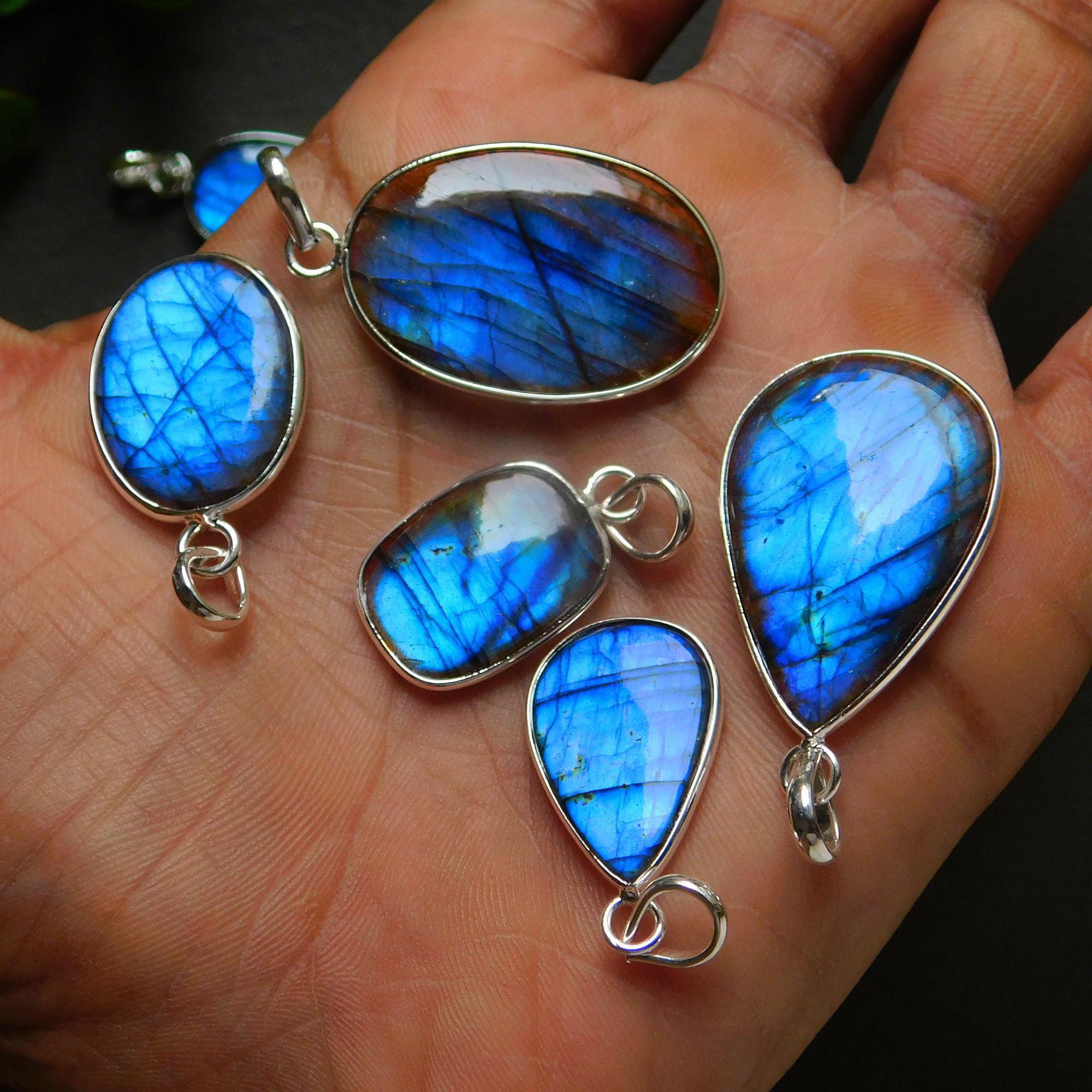 9 Pcs 140 Cts Natural Labradorite Silver Plated Pendant Semi-Precious Healing Crystal Jewelry Lots 21x36-13x26mm 12435