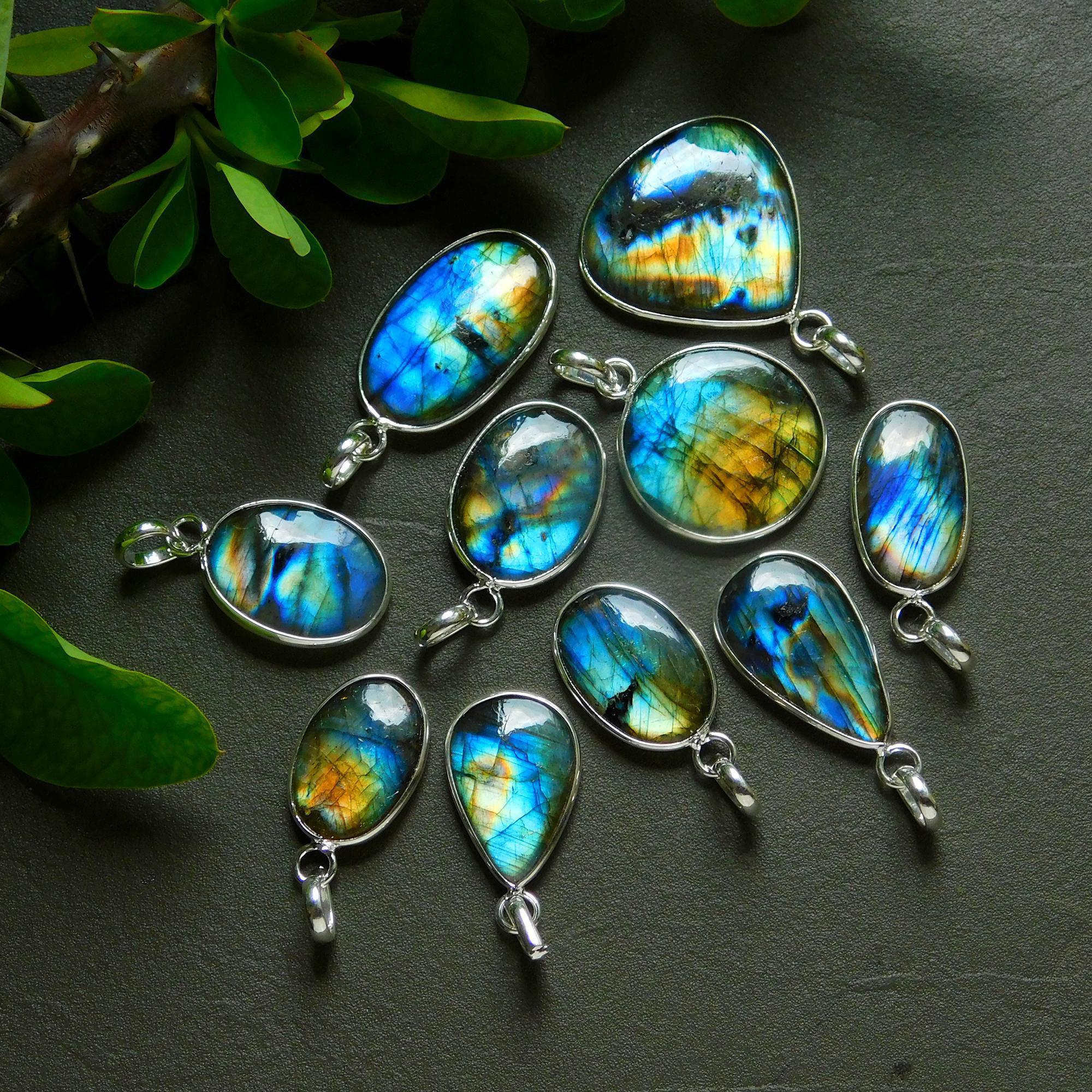 10 Pcs 140 Cts Natural Labradorite Silver Plated Pendant Semi-Precious Healing Crystal Jewelry Lots 16x31-13x24mm 12436