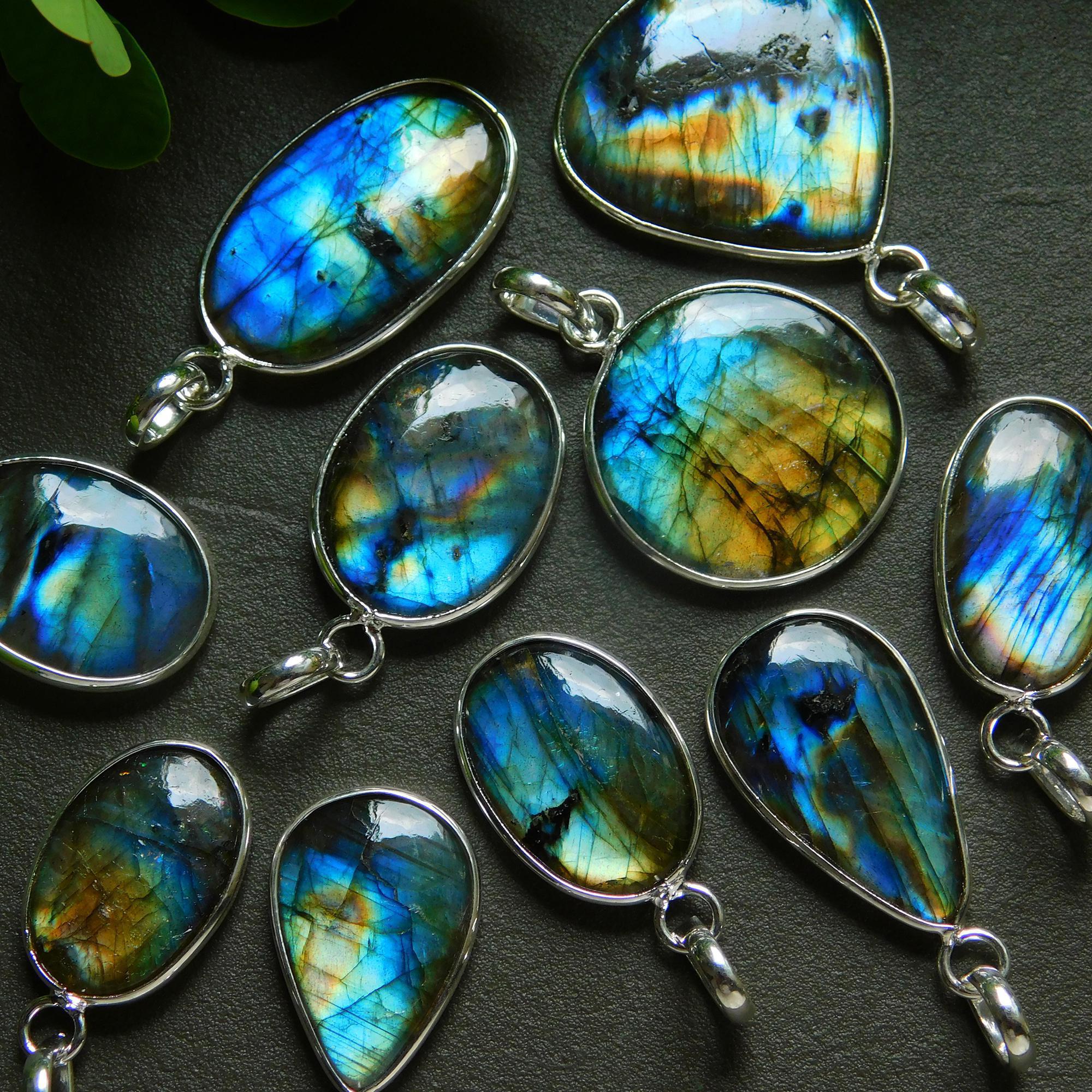 10 Pcs 140 Cts Natural Labradorite Silver Plated Pendant Semi-Precious Healing Crystal Jewelry Lots 16x31-13x24mm 12436
