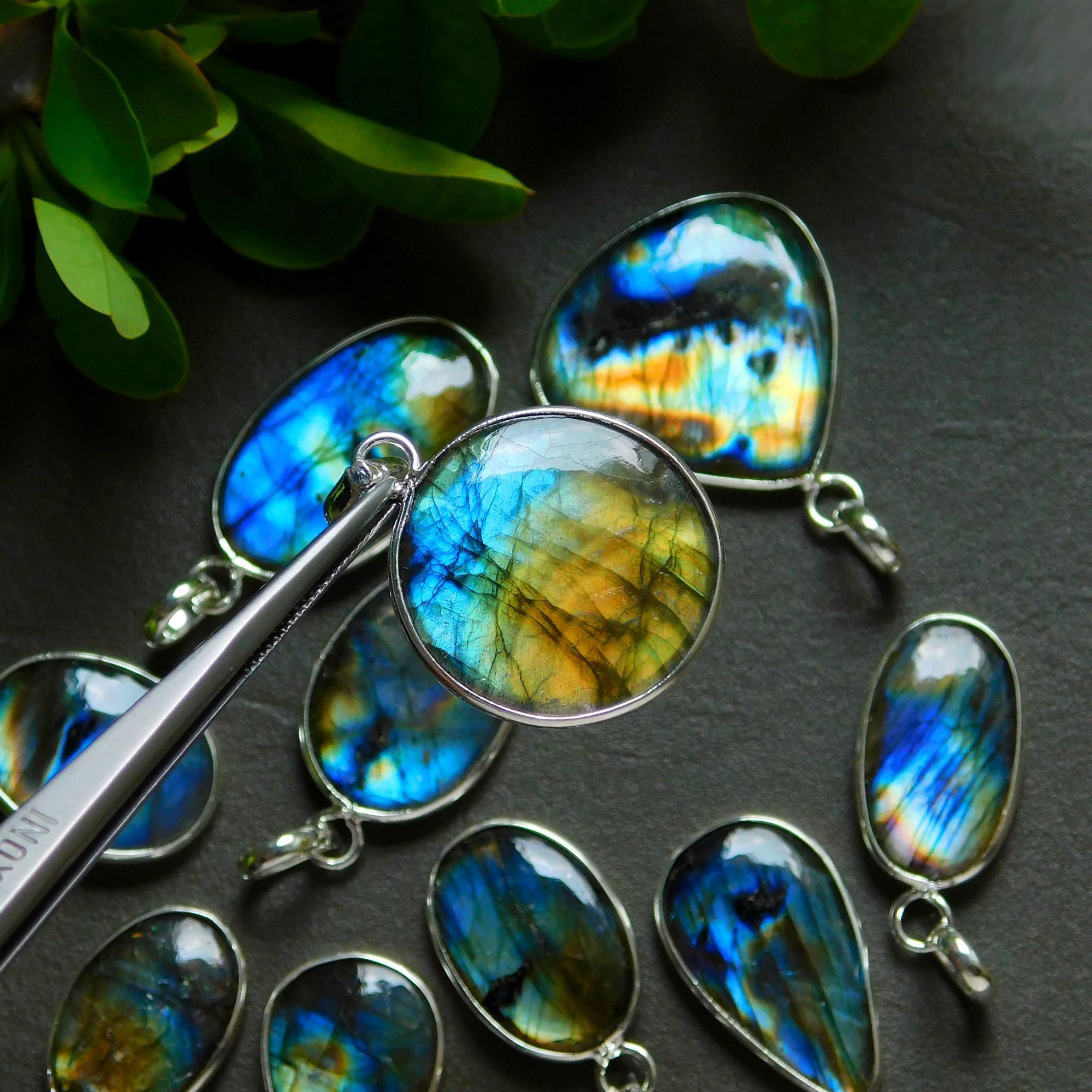 10 Pcs 140 Cts Natural Labradorite Silver Plated Pendant Semi-Precious Healing Crystal Jewelry Lots 16x31-13x24mm 12436