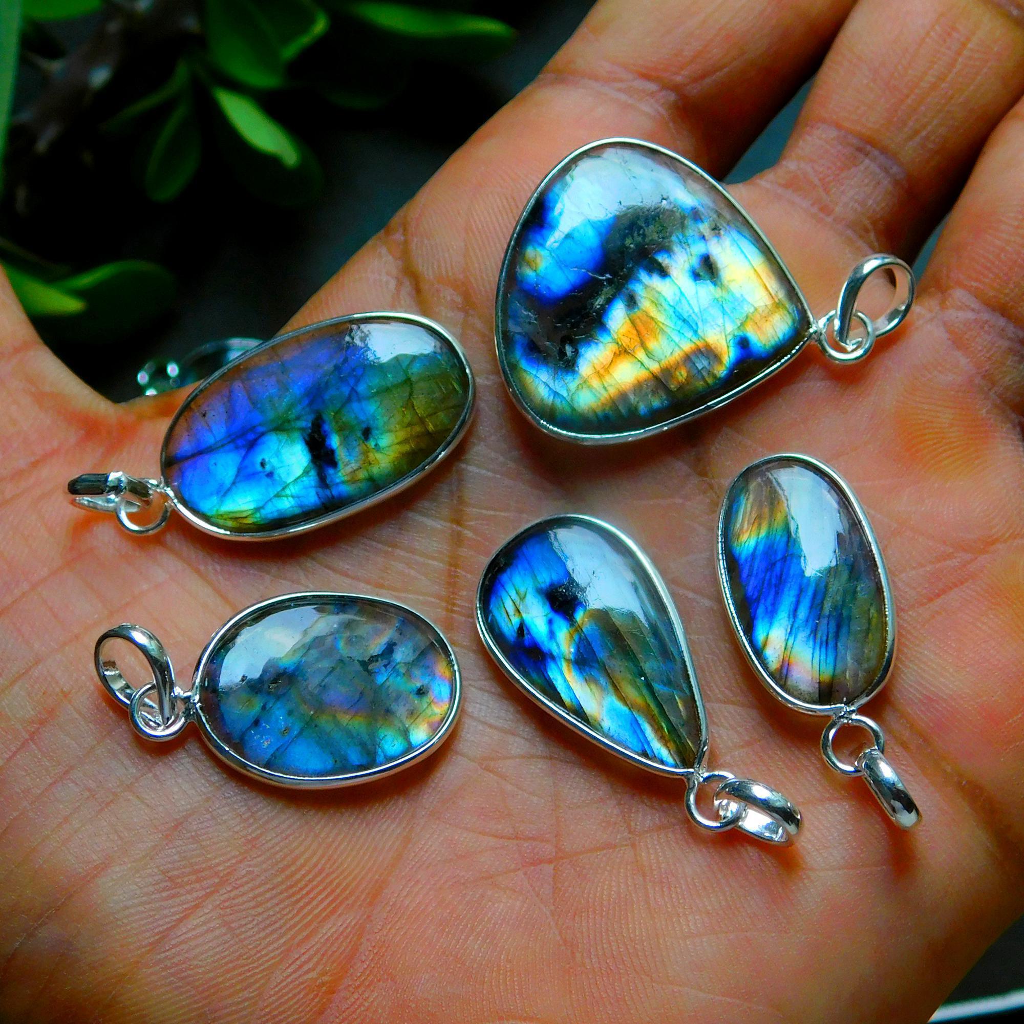 10 Pcs 140 Cts Natural Labradorite Silver Plated Pendant Semi-Precious Healing Crystal Jewelry Lots 16x31-13x24mm 12436