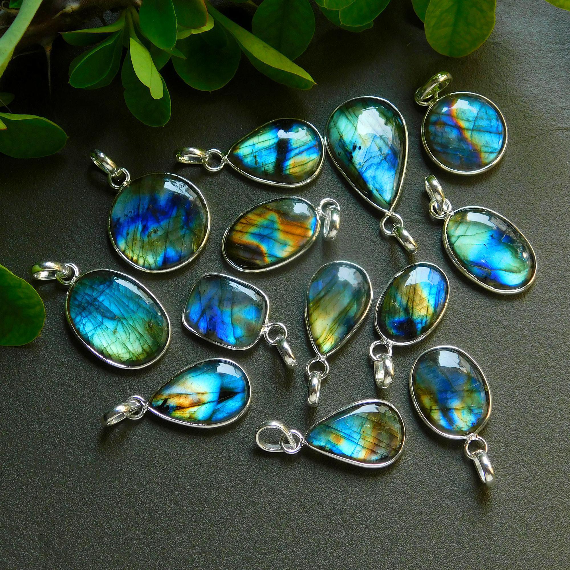13 Pcs 160 Cts Natural Labradorite Silver Plated Pendant Semi-Precious Healing Crystal Jewelry Lots 17x31-13x23mm 12437