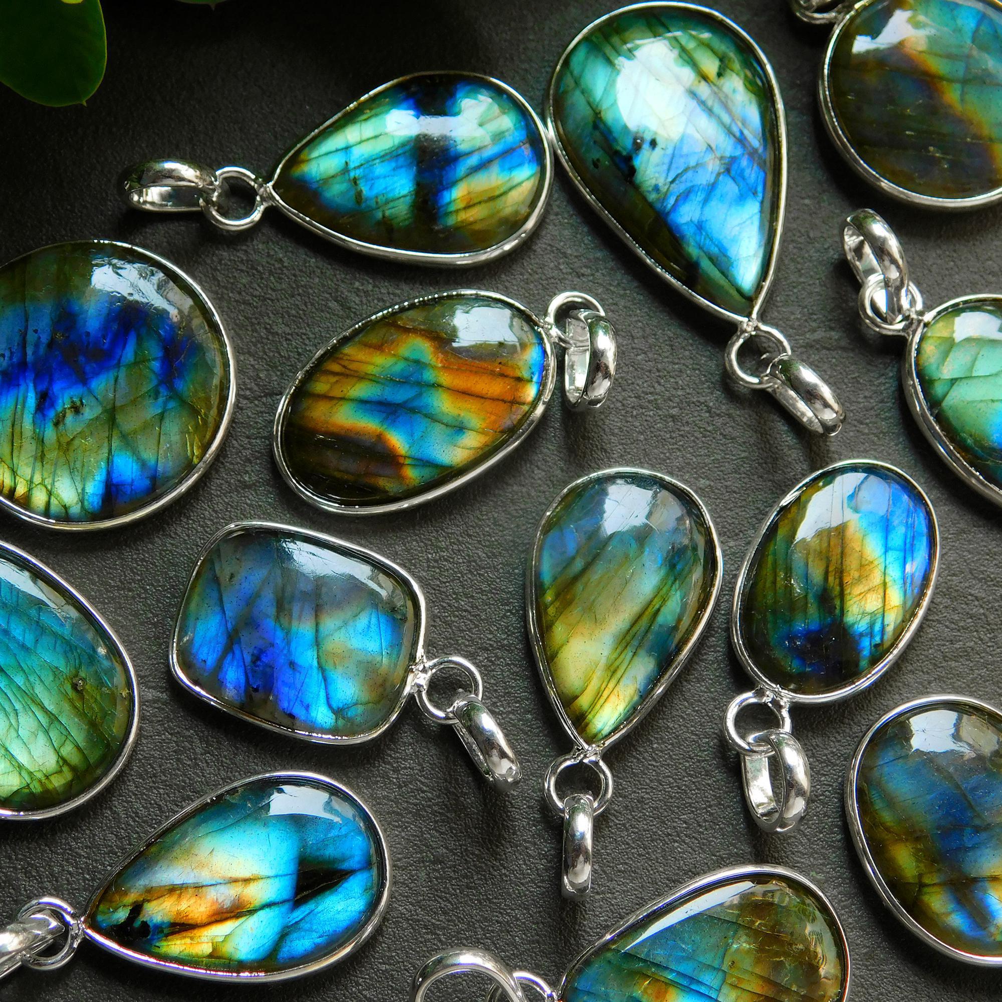 13 Pcs 160 Cts Natural Labradorite Silver Plated Pendant Semi-Precious Healing Crystal Jewelry Lots 17x31-13x23mm 12437