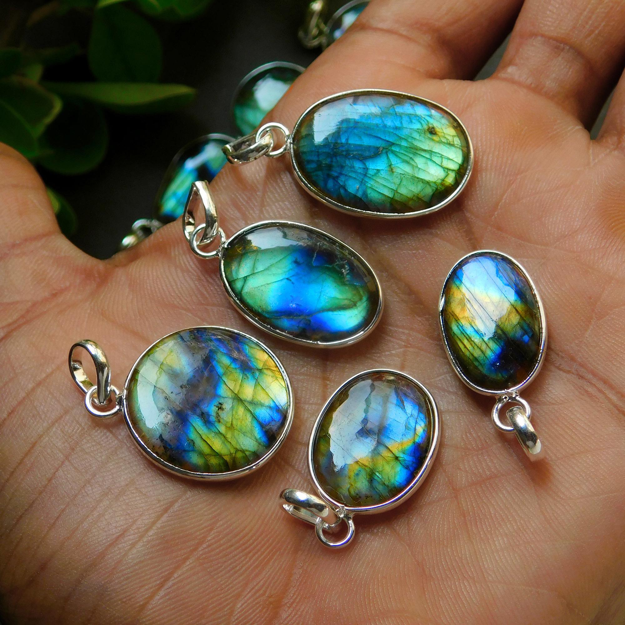13 Pcs 160 Cts Natural Labradorite Silver Plated Pendant Semi-Precious Healing Crystal Jewelry Lots 17x31-13x23mm 12437